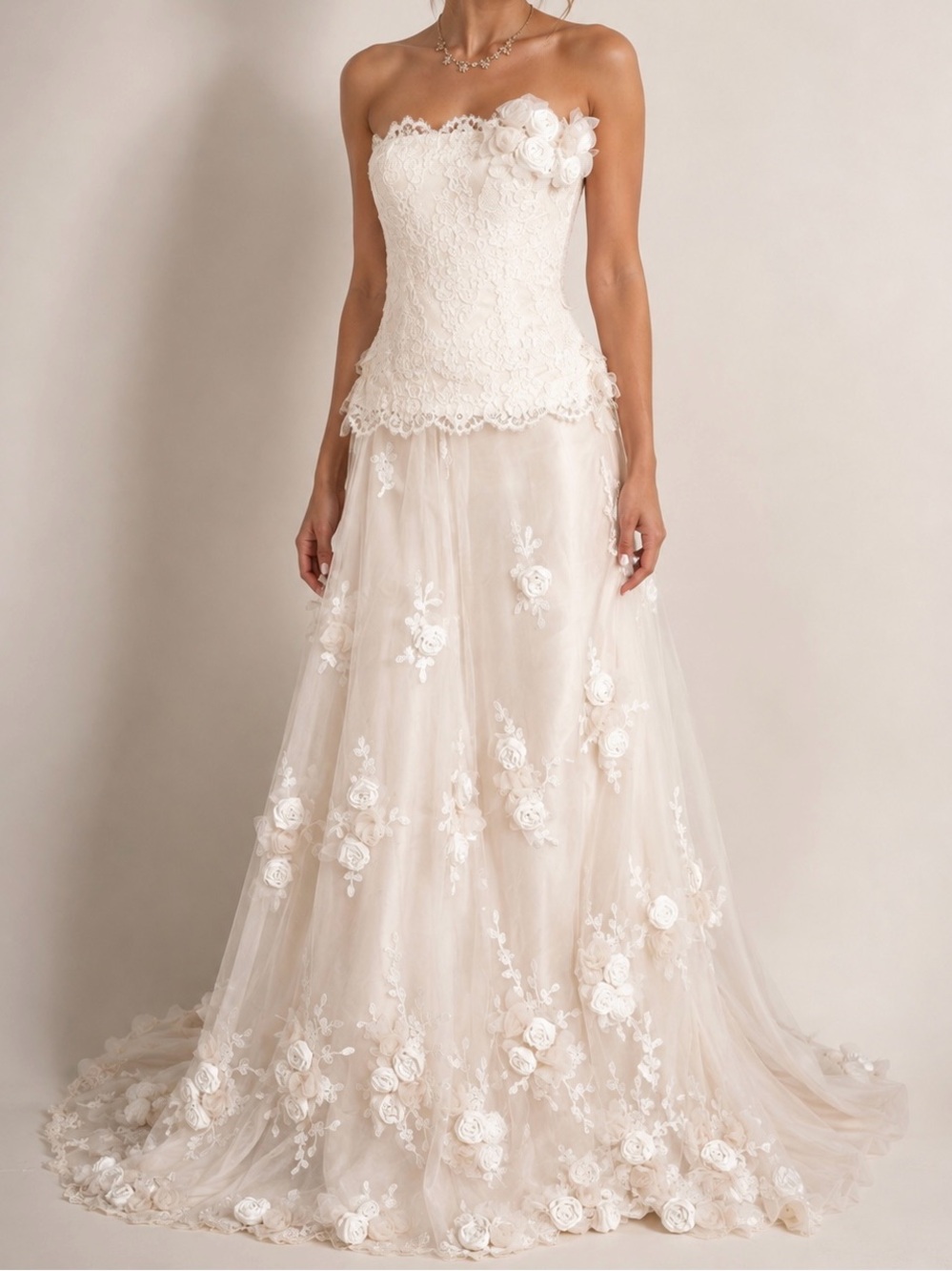 Vintage Claire Pettibone Two Piece Strapless Floral Appliqué Lace Wedding Dress